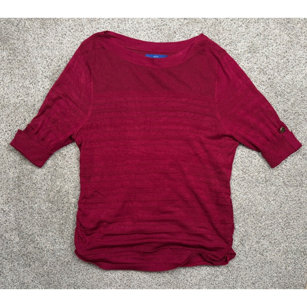 Apt 9 Sweater Top XL Red Textured Knit Ruched Side Boat Neck Short Sleeve